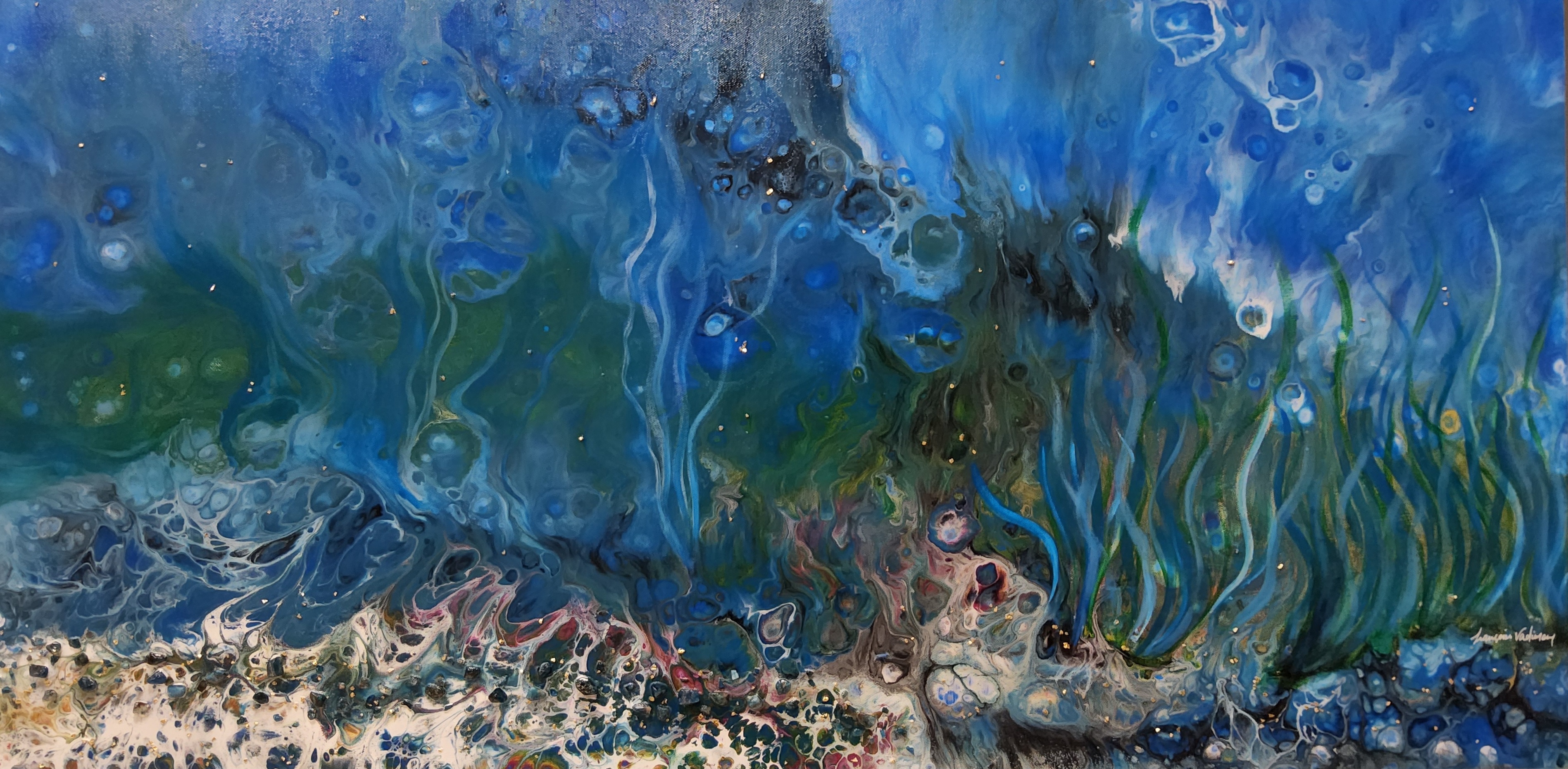 TABLEAU ABSTRAIT 3D  XL - COLLECTION BOREALE- BLEU OCEAN